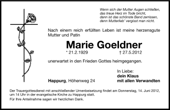 Traueranzeige von Marie Goeldner von Hersbrucker Zeitung